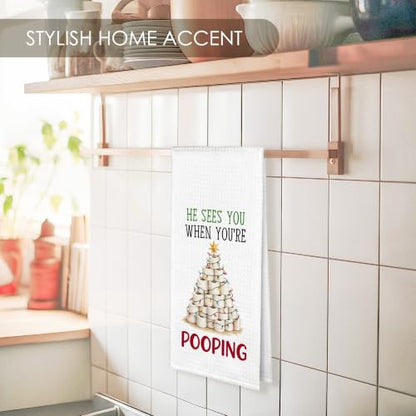 Funny He Sees You When You're Pooping Christmas Bathroom Towel - Variation of THIS listing