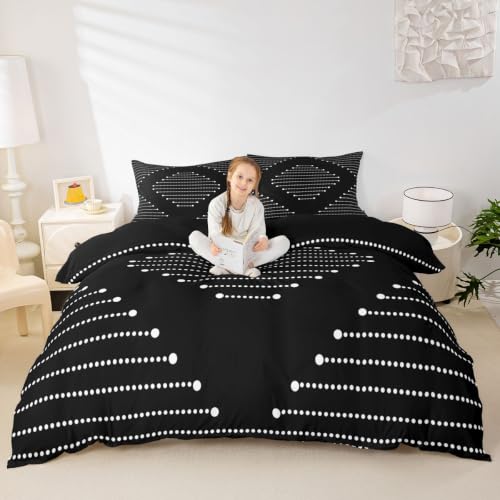 Black King Size Duvet Cover Set with Zipper Closure, Textured Stripe Pattern