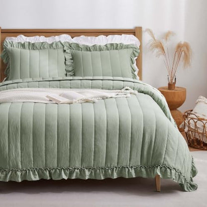 Sage Green Ruffle Queen Quilt 3 Piece Bedspread Set - Lightweight & Soft