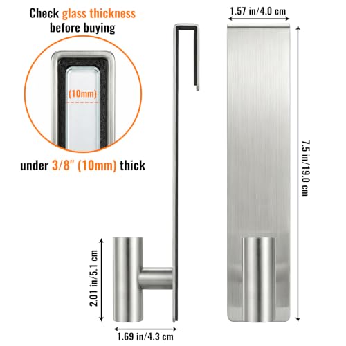 Brushed Silver Shower Glass Door Hooks 2 Pack for 3/8" Thick Frameless Glass