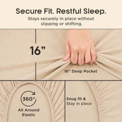 Queen Size Heathered Jersey Knit Cotton Sheet Set - Oatmeal | 4 Pieces