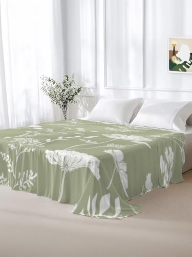 King Flat Sheet - Sage Green Hotel Quality Microfiber Bedding - Abstract Flowers, Breathable & Soft