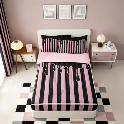 Black Pink Striped Zipper Bedding Set Twin with Comforter & Sheets for Kids - Minimalist Geometric Lines Bed in a Bag - Variation: Black Pink / Twin