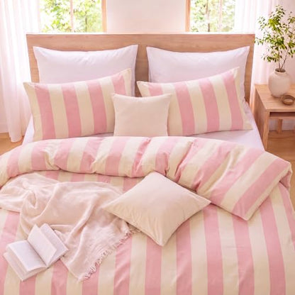 Pink Striped Comforter Set Queen - Blush Wide Stripe 100% Cotton, Cabana Style