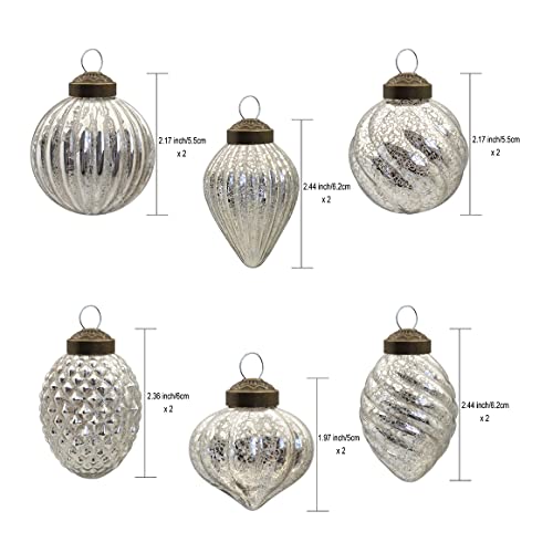 Glass Christmas Ball Ornament Set - Silver Antiqued Holiday Decor 12 Pieces