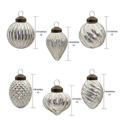 Glass Christmas Ball Ornament Set - Silver Antiqued Holiday Decor 12 Pieces