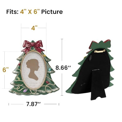 Vintage Christmas Tree Photo Frame with Bow and Light String - Green Tree Variation