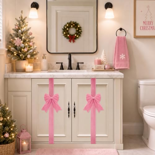 Pink Velvet Christmas Cabinet Bows Ribbons - 8 Pack, 78.7" Length, Easy Hook Installation