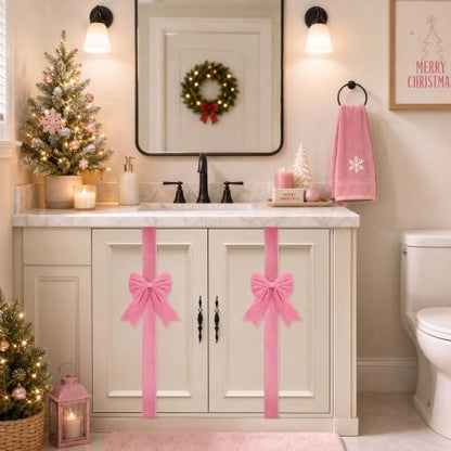 Pink Velvet Christmas Cabinet Bows Ribbons - 8 Pack, 78.7" Length, Easy Hook Installation