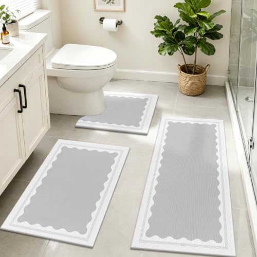 Bathroom Rug Set 3 Piece Non Slip Washable Light Grey