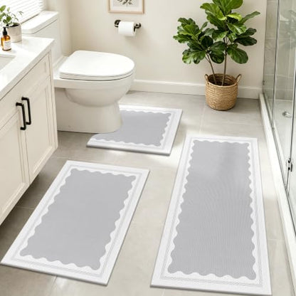 Bathroom Rug Set 3 Piece Non Slip Washable Light Grey