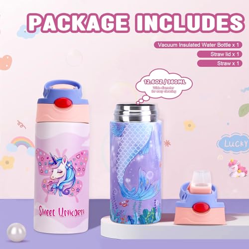 DOPHCOZFFY Kids Insulated Water Bottle, 12.6 oz Stainless Steel Water Bottle, Double Wall Toddler Water Bottle, Water Bottles for Kids BPA-Free for School Boys Girls (2PCS-pinkA+unicorn)