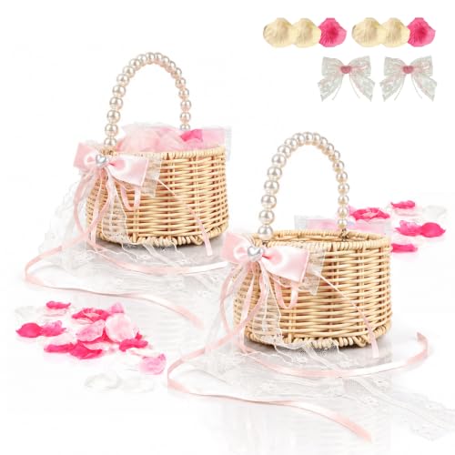 Flower Girl Basket Set with Pearl Handle & 600 Petals for Wedding Decor