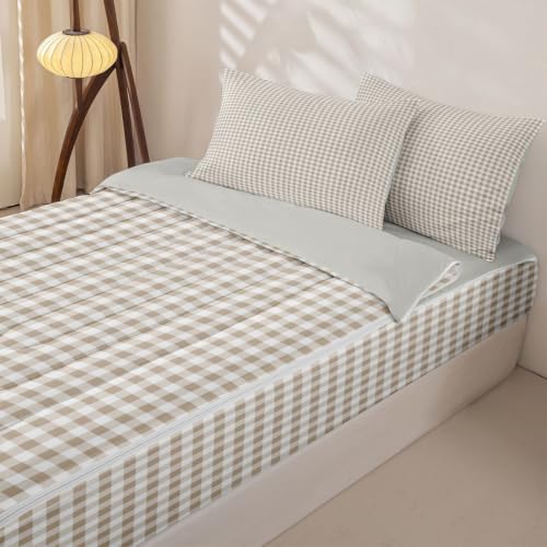 Khaki White Checkered Zipper Bedding Set Full Size - Kids Bed Comforter & Sheet