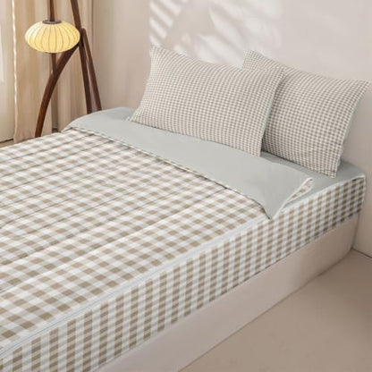 Khaki White Checkered Zipper Bedding Set Full Size - Kids Bed Comforter & Sheet