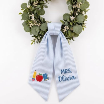 Gingham Baby Blue Personalized Teacher Door Wreath Bow with Embroidered Name