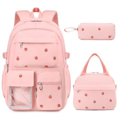 Girls Embroidered Backpack Set with Lunch Bag - Pink Strawberry