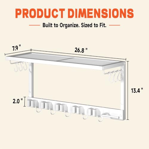 White Wall Mount Broom Holder with Shelf and Hooks - Heavy Duty Garage Organizer