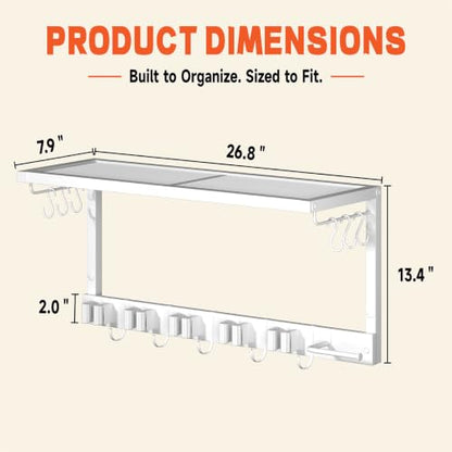 White Wall Mount Broom Holder with Shelf and Hooks - Heavy Duty Garage Organizer