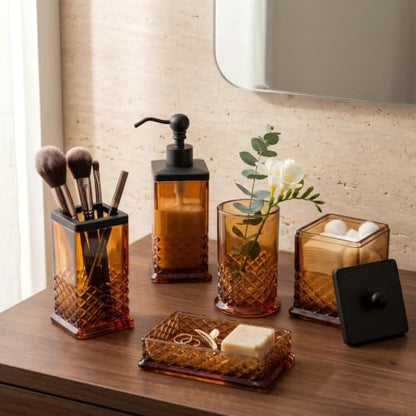 Amber Glass Bathroom Accessory Set - 5-Piece Vintage Style Accessories