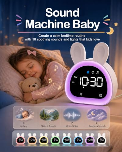 Kids Sleep Trainer Alarm Clock with Night Light and Sound Machine