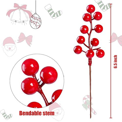 Artificial Red Berry Stems 6.5 Inch Holiday Christmas Decorations - 30 Pack
