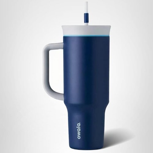 Owala Stainless Steel Triple Layer Insulated Travel Tumbler with Spill Resistant Lid, Straw, and Carry Handle, BPA Free, 40 oz, Dark Blue (Saltwater Starfish)