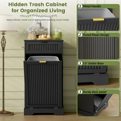 Tilt-Out Trash Can Cabinet 13 Gallon Black with Deodorizing Function - 14 x 20.3 x 38.6 Inches