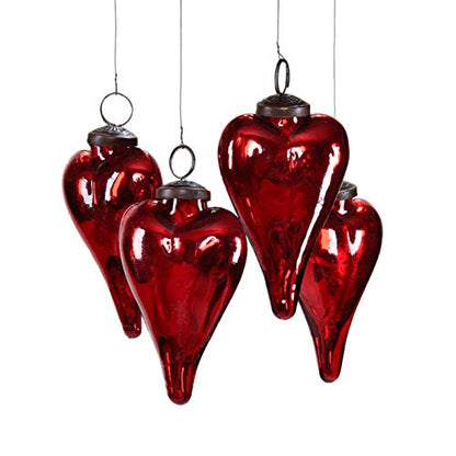 Set of 4 Antique Red Glass Heart Ornaments for Christmas & Valentine Decor