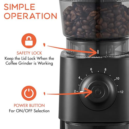 Electric Conical Burr Coffee Grinder with 30 Grind Settings, Anti-Static, Compact Home Use