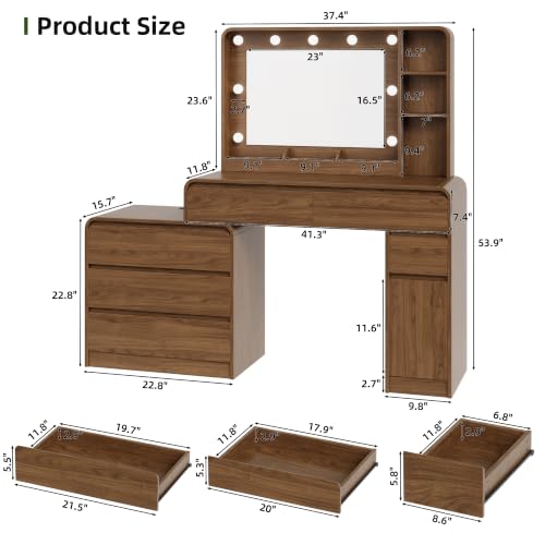 60-Inch Walnut Makeup Vanity Desk with Mirror, 9-LED Lights, 6 Drawers & Cabinet