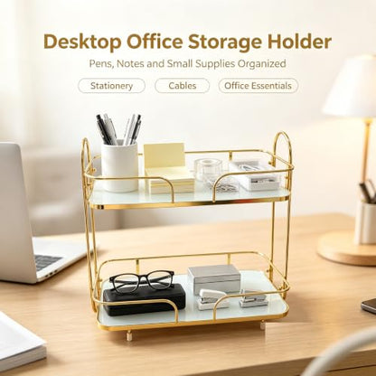 2-Tier Gold Countertop Storage Organizer with Tempered Glass Shelf for Bathroom Kitchen & Bedroom