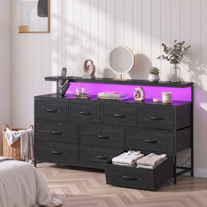 DurayLoly 55" Dresser with LED Ambient Light, 10-Drawer w/ Charging Station - Black