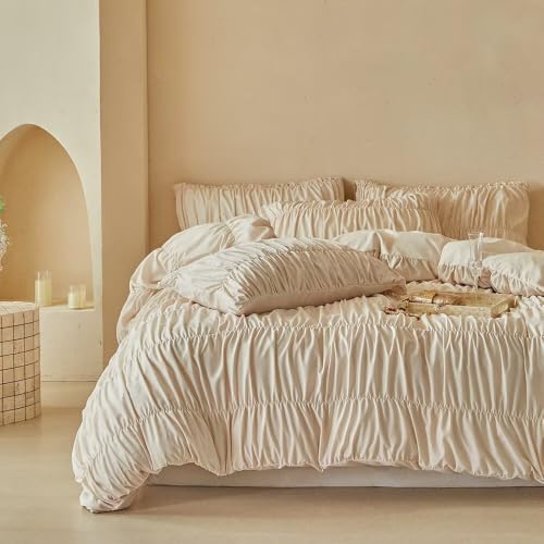 Full Size Khaki Gathered Ruffled Bedding Set Duvet Cover for Teen - Elegant Farmhouse Style