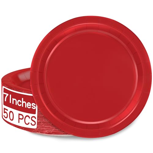 Heavy Duty Red Paper Plates 7 Inch - Pack of 50, Disposable Party Dinnerware