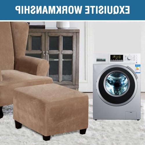 Square Ottoman Cover 14-44 Inch Stretch Checked Slipcover with Elastic - Camel 14/35x35cm
