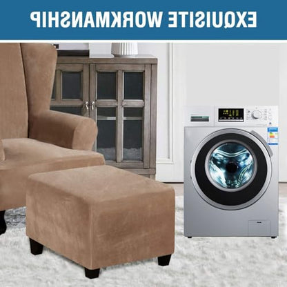 Square Ottoman Cover 14-44 Inch Stretch Checked Slipcover with Elastic - Camel 14/35x35cm