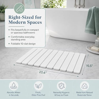 White Foldable Stone Bath Mat 23.6x15.5 Inch Quick-Dry Anti-Slip Shower Rug