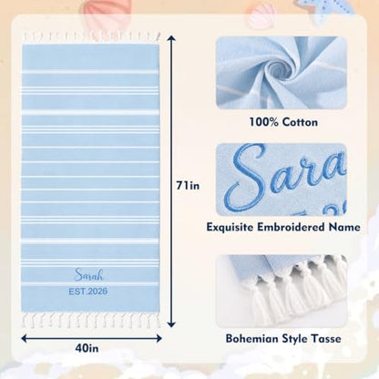 Personalized Turkish Beach Towel with Embroidered Name - Light Blue 40x71 Oversized Pool & Beach Accessory