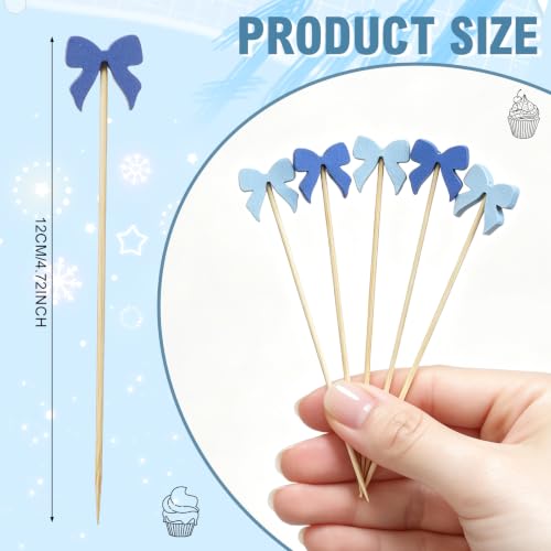 Blue Bow Bamboo Cocktail Picks 4.7 Inch - Party Food Skewers for Boy Baby Shower MD01