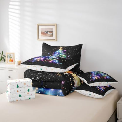 Feelyou Glitter Christmas Tree Comforter Set with Galaxy Sheets Black Queen Size 7 Pieces