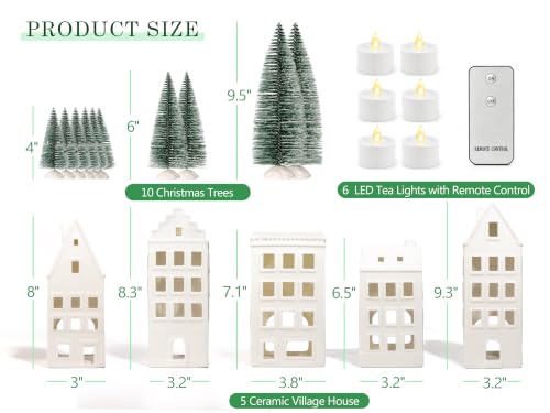 15PCS Lighted Christmas Village Set Ceramic Houses & Trees - Indoor Holiday Decor