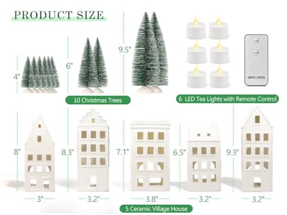 15PCS Lighted Christmas Village Set Ceramic Houses & Trees - Indoor Holiday Decor