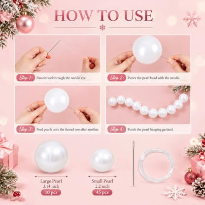 Christmas Pink Bow Garland with Pearl Beads for Outdoor Decor - 3 Pieces