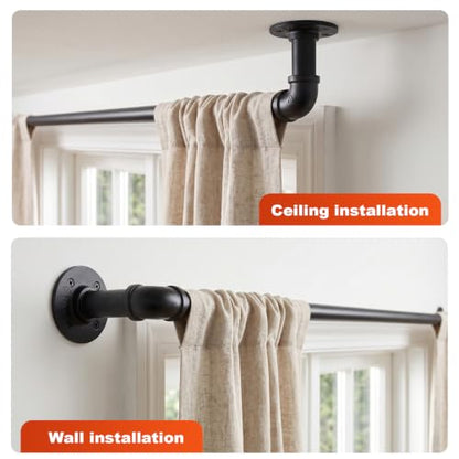 Adjustable Industrial Curtain Rod Black 30-86 Inch Wrap Around Wall Mount