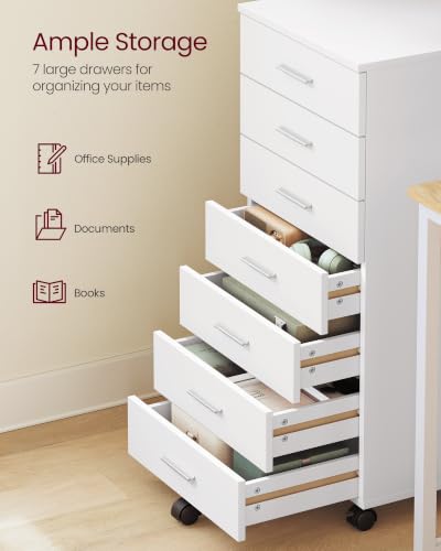 VASAGLE White 7-Drawer File Cabinet on Wheels with Lockable Casters