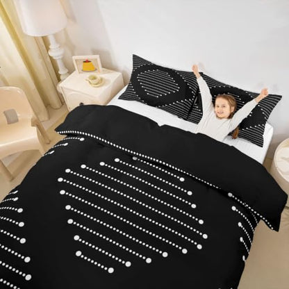 Black King Size Duvet Cover Set with Zipper Closure, Textured Stripe Pattern