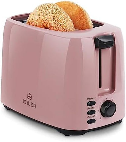 iSiLER 2-Slice Toaster - 1.3-Inch Wide Slot Bagel Toaster with 7 Shade Settings | Pink Finish, Removable Crumb Tray