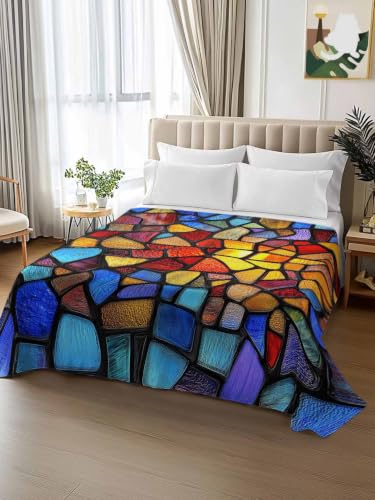 King Flat Sheet Multi Blue Stained Glass Gradient Microfiber Cooling Bedding