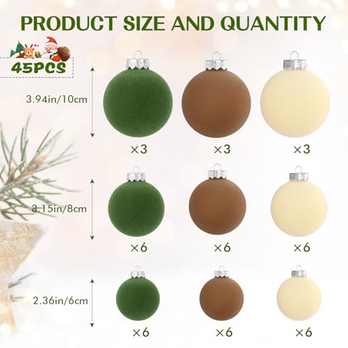 Velvet Christmas Ornaments Set - 45 Mixed Sizes in Brown Green and Off-White